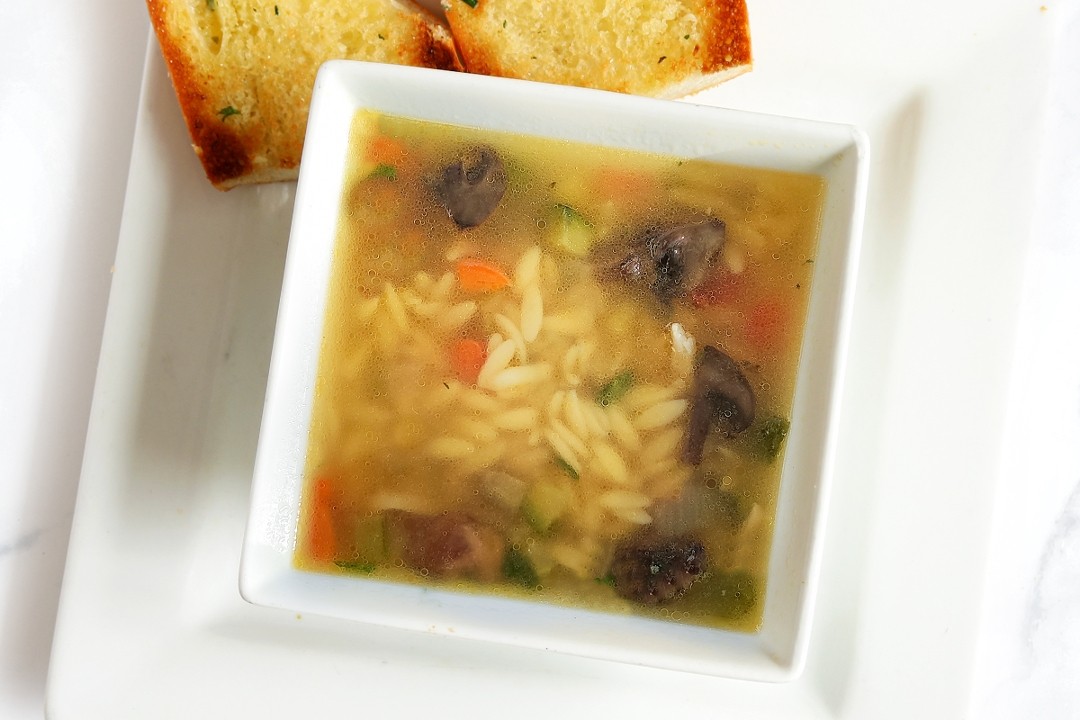 Chicken Orzo Soup with Garlic Bread