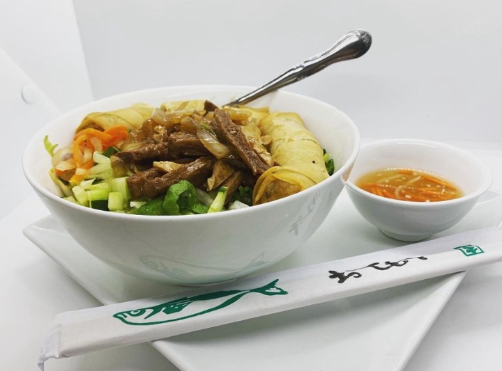 N45. Bún Thịt Nướng w/ Chả Giò (Vietnamese Grilled "Pork" on Rice Noodles w/ Crispy n' Crunchy Rolls)