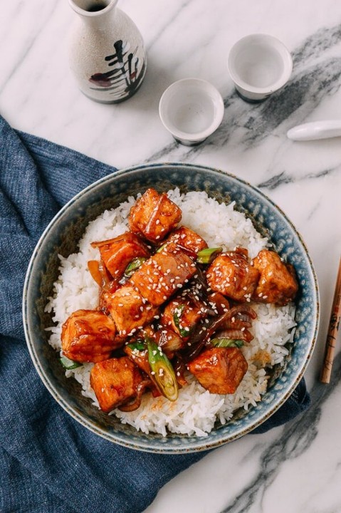 Tofu Teriyaki on Jasmine Rice With Steamed Broccoli