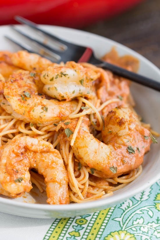 Spaghetti With Jumbo Shrimp In Tomato Sauce