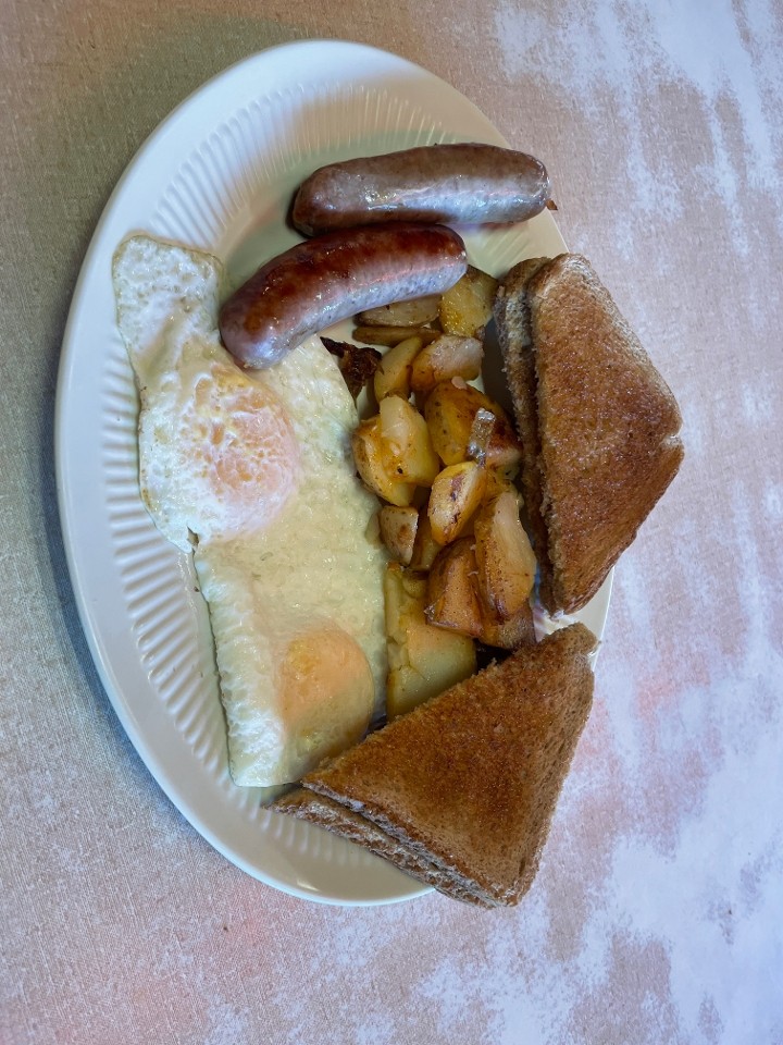 two eggs with sausage links