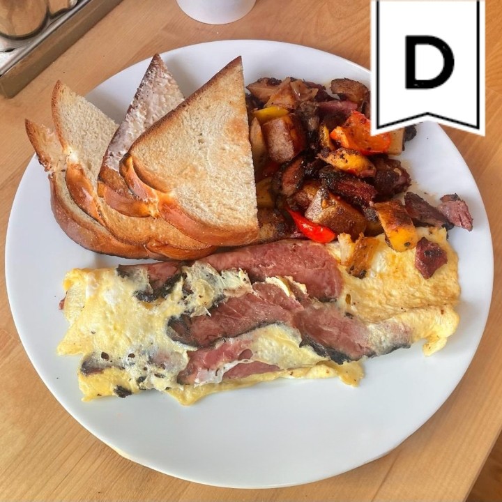 Pastrami and eggs omelet style