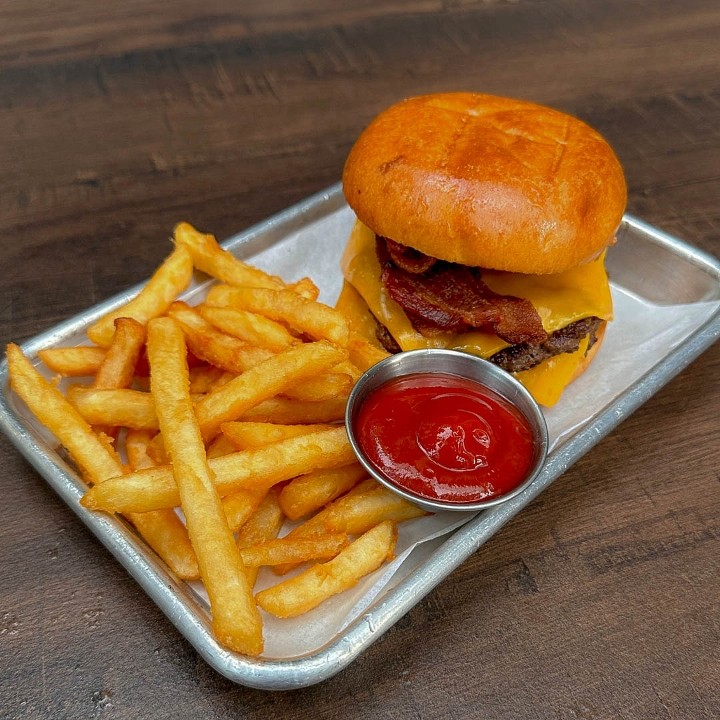 Bacon Cheese Burger, Aioli, Tomato Relish & Fries