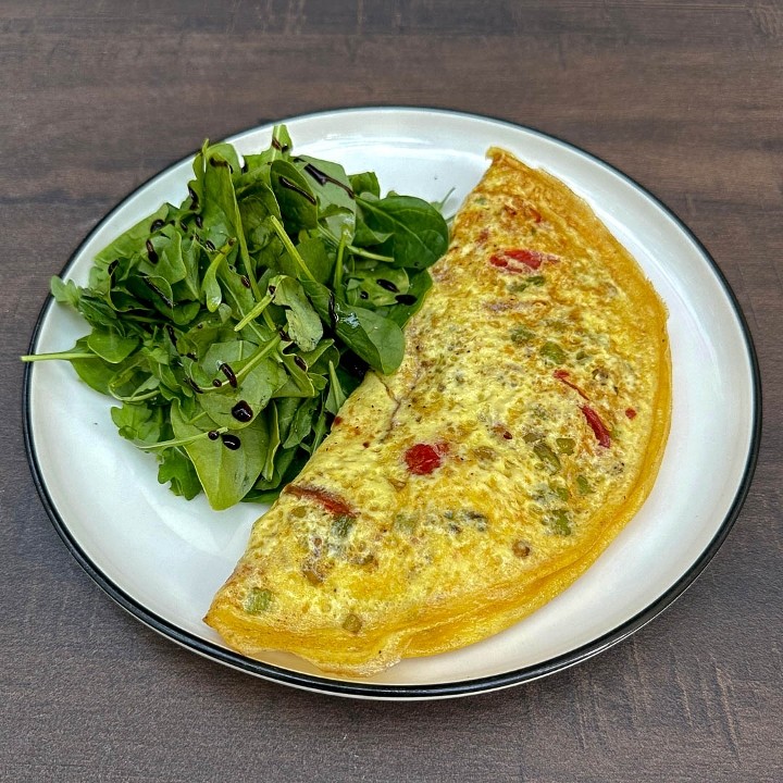 Omelette: Goat Cheese, Cherry tomato, Asparagus, Caramelized Onions & Green Salad