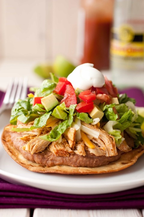3 Tostada Chicken and side Rice