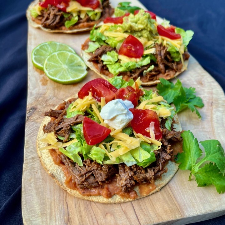 3 Tostada Shredded beef and side Rice