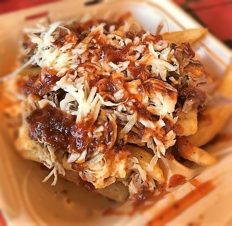Trash Fries ~ 3rd Sunday of month ~ fries topped w/pulled pork, chicken or barbacoa beef, slaw & choice of BBQ sauce