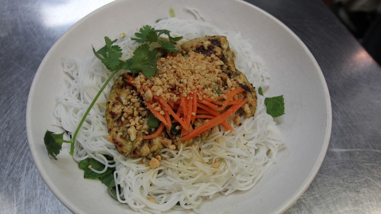 grilled chicken thighs over rice vermicelli noodle