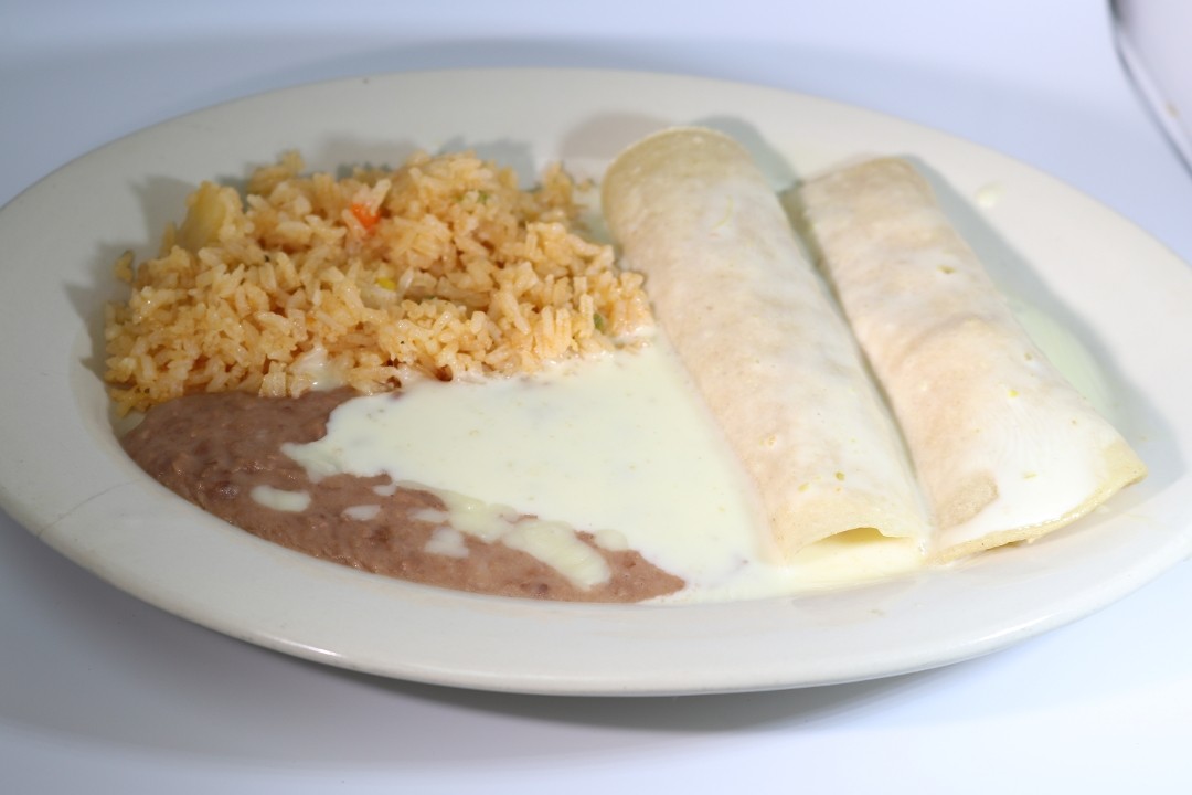 C#2 Two Beef Enchiladas, Mexican Rice and Refried Beans