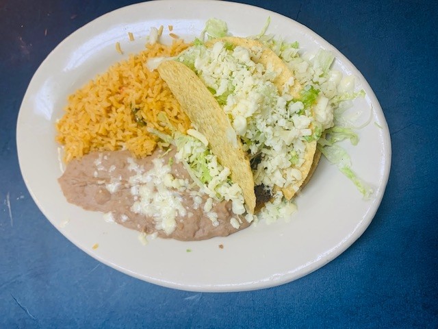 C#6 Two Beef Tacos, Mexican Rice and Refried Beans