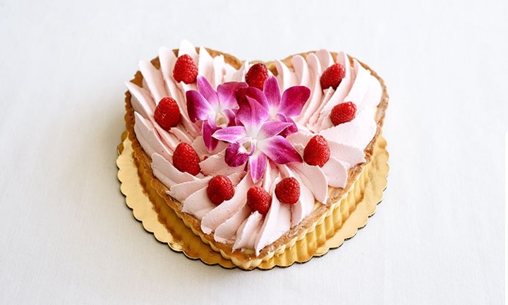 Lemon Raspberry Tart with Raspberries & Raspberry Chantilly, topped with edible orchid