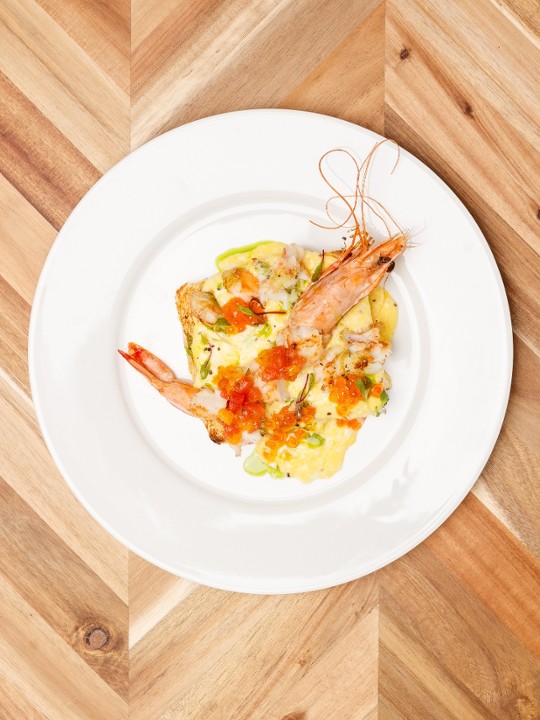 Scrambled Egg Toast with Shrimps and Caviar