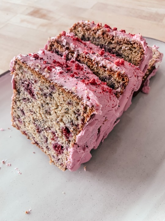 Raspberry Almond Poppyseed Loaf Cake*