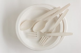 Paper plates and wrapped plastic cutlery pack