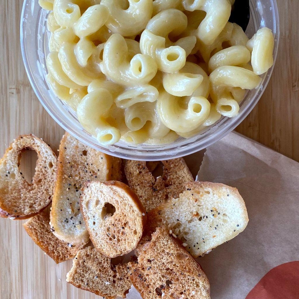 White Cheddar Mac + Cheese with House-Made Bagel Chips