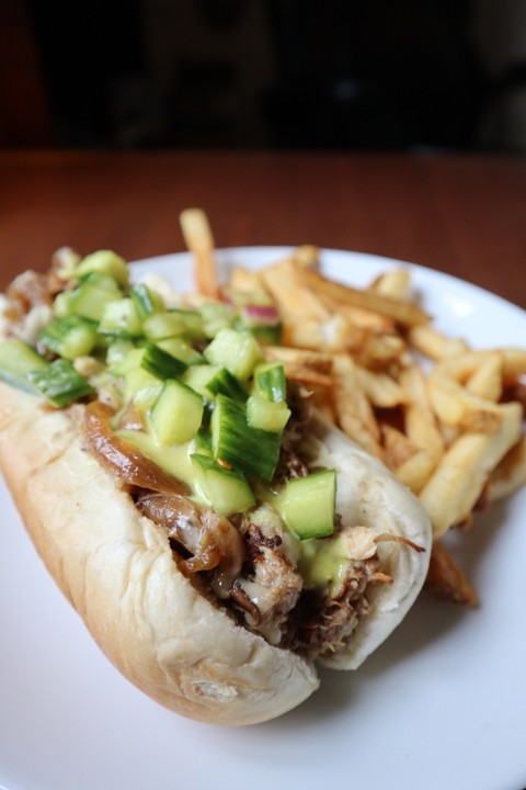 Short Rib Po Boy - Hoagie Roll , Caramelized Onions, Gruyere, Agave Mustard, Fresh Cucumber Relish