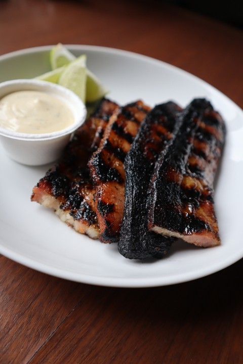 Charred Thick Cut Bacon - House Cured, Charred, Lime, Garlic Aioli