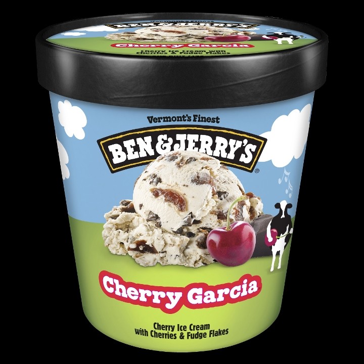 CHERRY GARCIA- cherry ice cream w/ cherries and fudge flakes