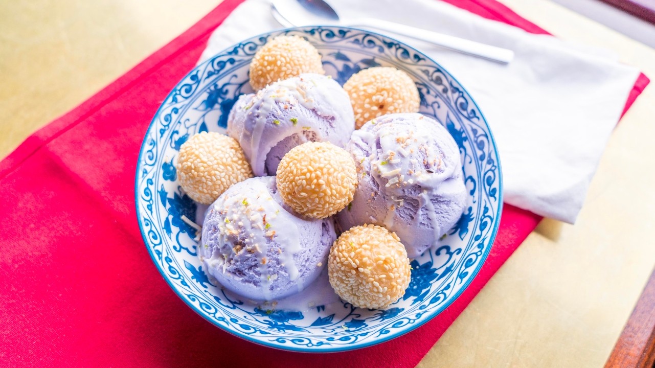 Sesame Balls And Taro Root Ice Cream