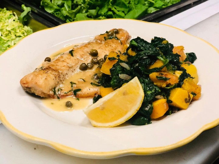 Stripped bass piccata