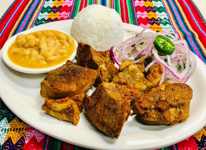 Chicharron de Arroz y Frijol / Braised and Fried Pork with Rice and Beans