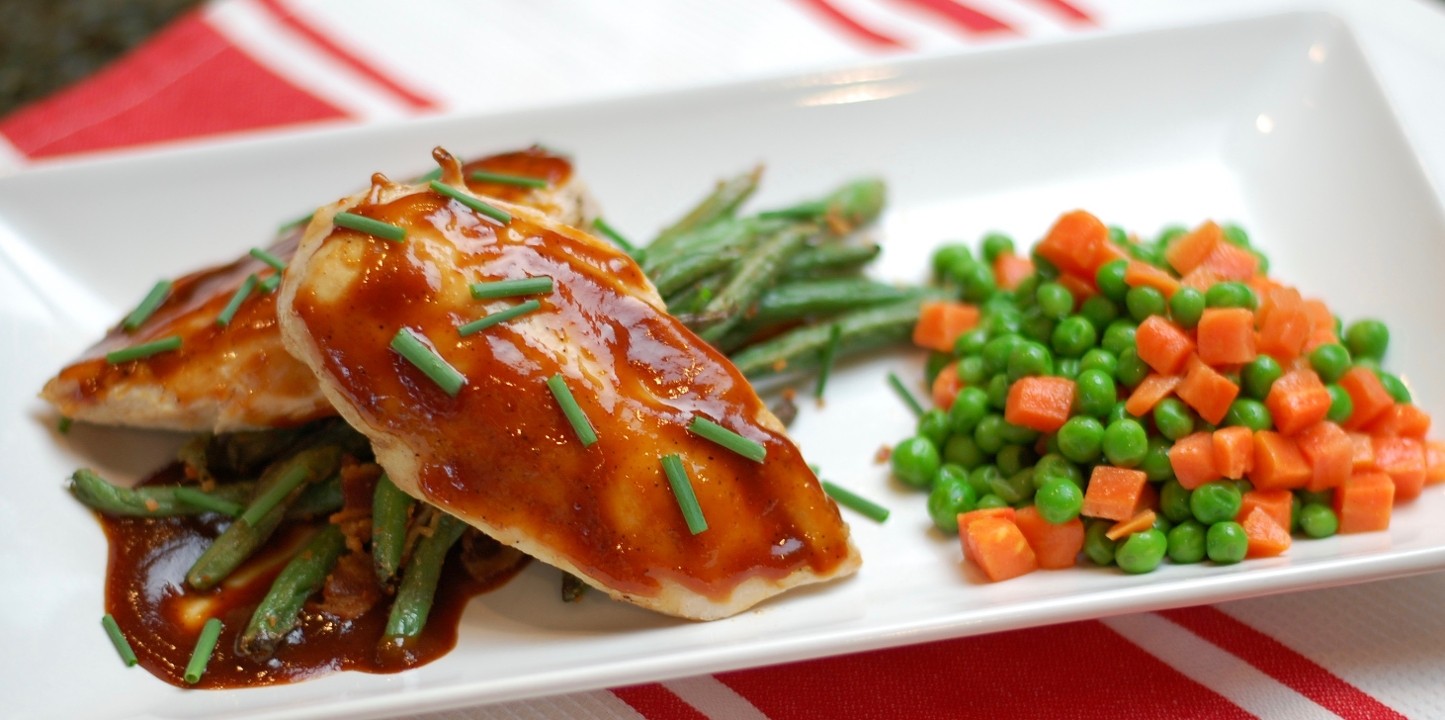 Large Bourbon BBQ Chicken, Green Beans w/ Bacon & Seasoned Peas and Carrots