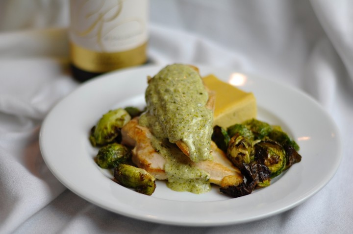 Large Chicken W/ Pesto Cream Sauce, Cheddar Polenta  & Charred Broccoli