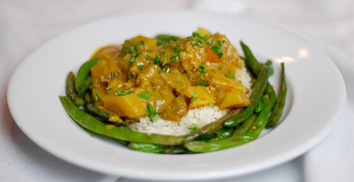 Large Beef Curry, Sautéed Spinach, and Green Beans with Garlic and Mustard Seeds