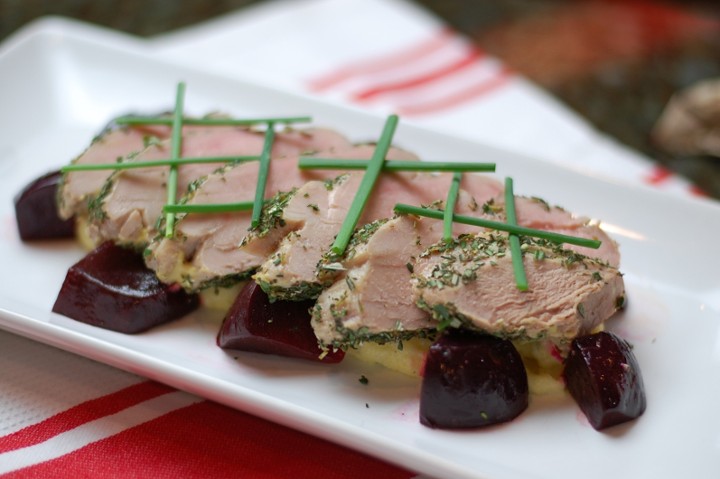 Large Herbed Pork Tenderloin, Rosemary & Goat Cheese Polenta & Caramelized Beets