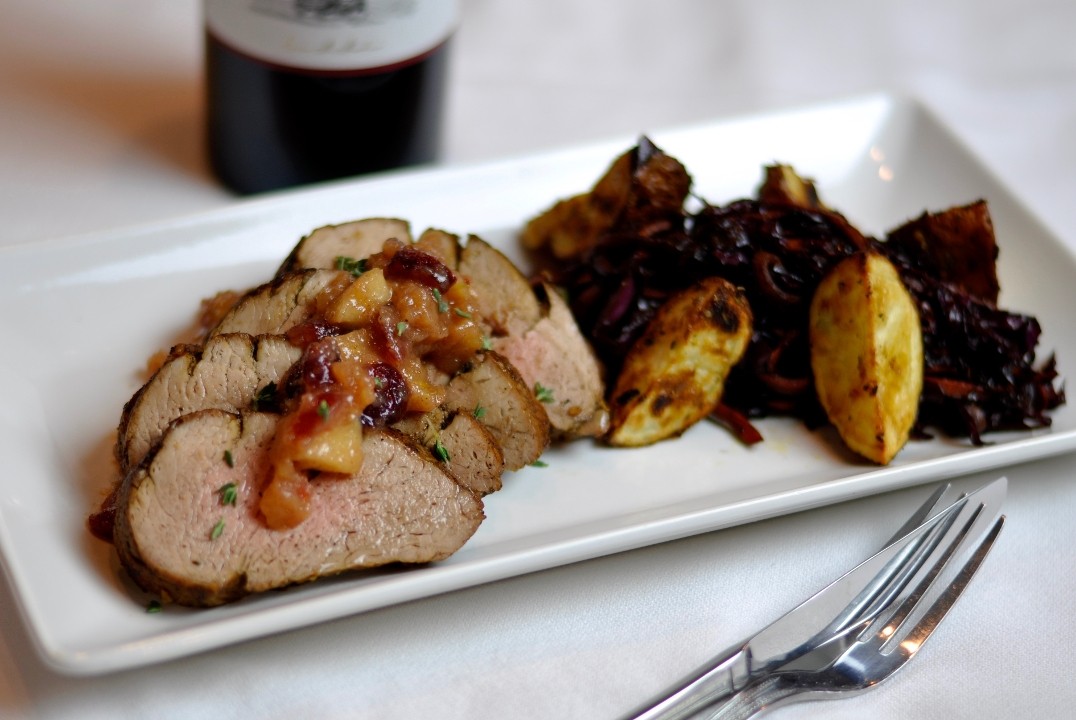 Large Pork Loin w/ Apple Compote, Braised Cabbage & Roasted Red Potatoes