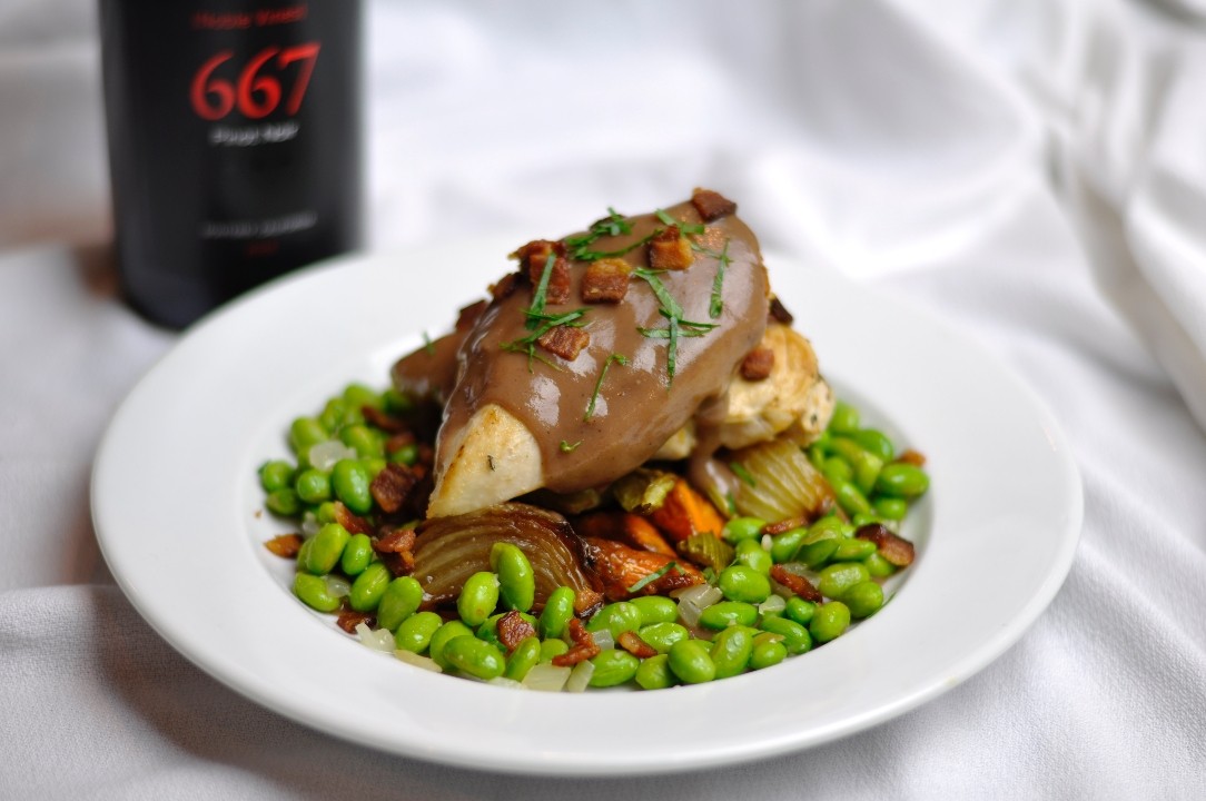 Large Chicken in Red Wine Sauce, Roasted Mirepoix & Sautéed Edamame