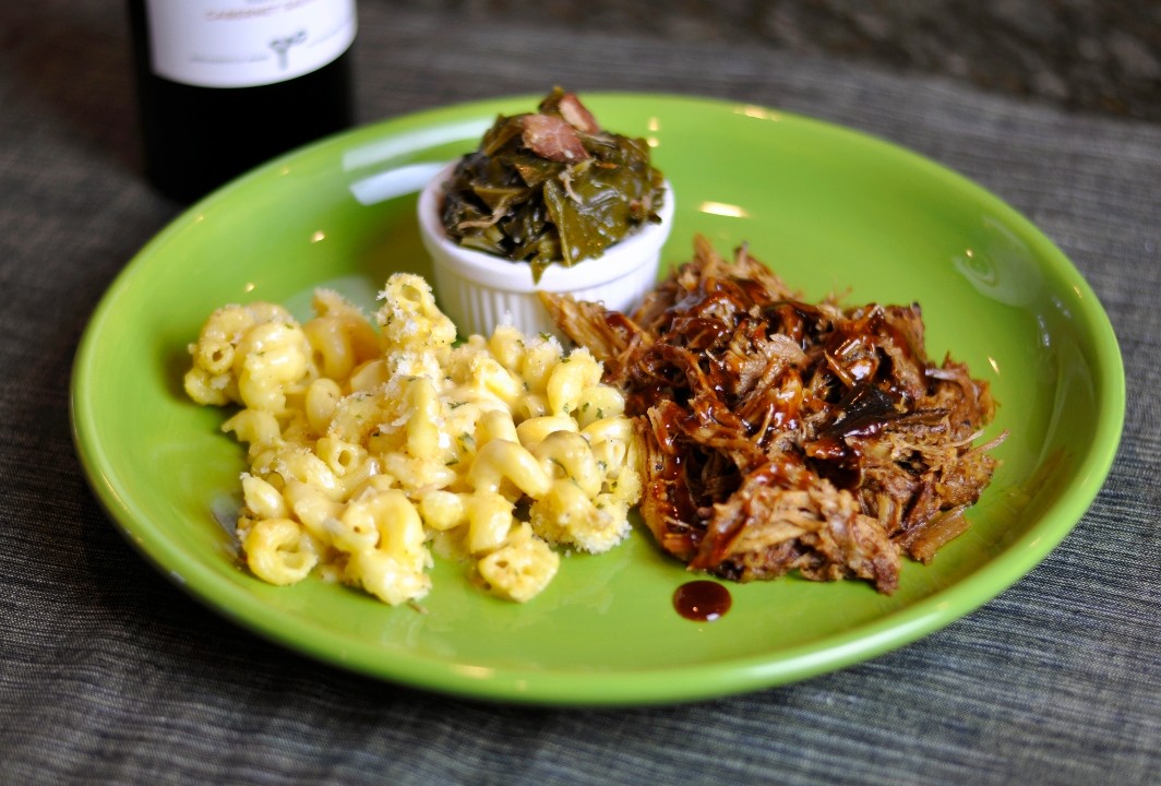 Large House-Smoked BBQ Pulled Pork, Mac & Cheese and Collard Greens w/ bacon