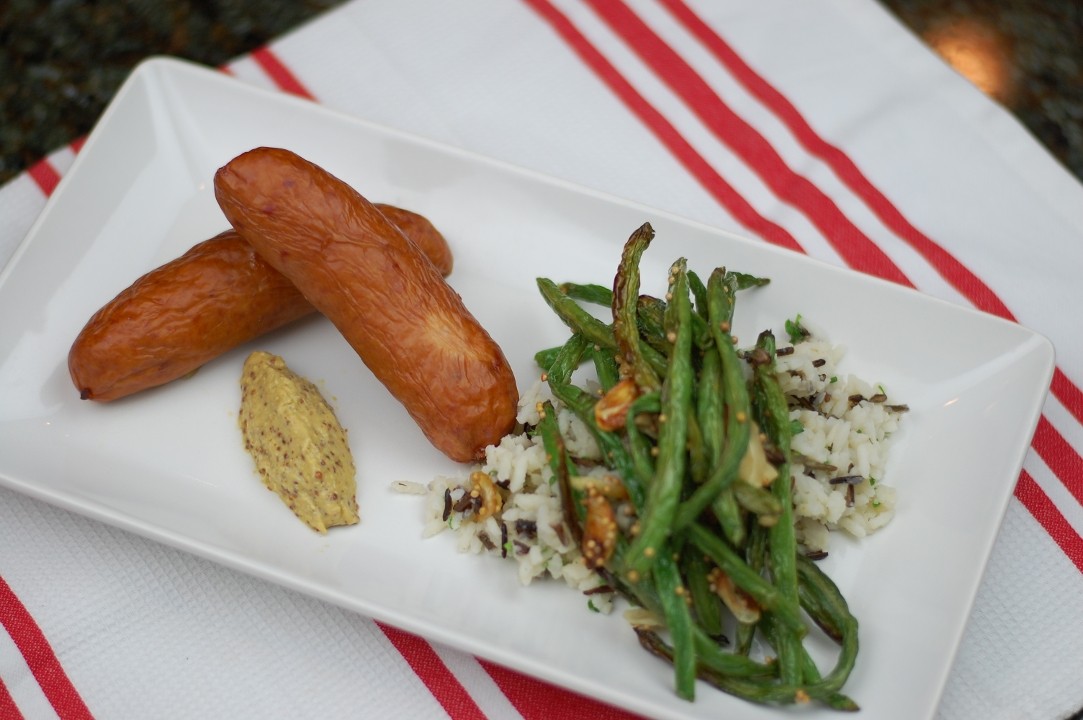 Large Smoked Sausage, Herbed Wild Rice and Roasted Green Beans w/ Garlic and Mustard Seed
