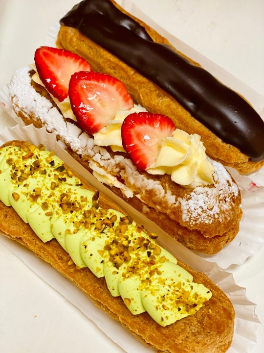 Variety of Eclairs- (4 Chocolate Éclair 4 Fresh Strawberry Éclair 4 Pistachio Éclair)