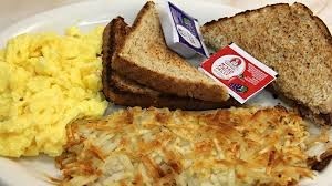 Scrambled Eggs, Hash Browns, Breakfast Meat and Toast