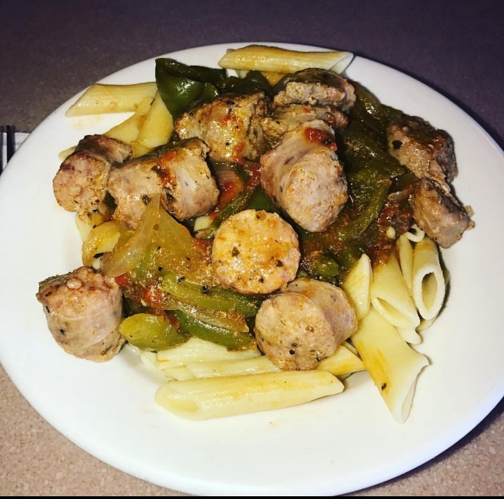 Sausage and Peppers Over Ziti