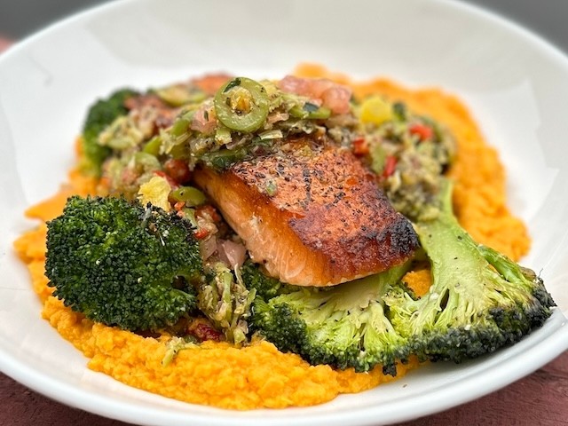 heat-at-home salmon, broccoli + olive citrus relish dinner