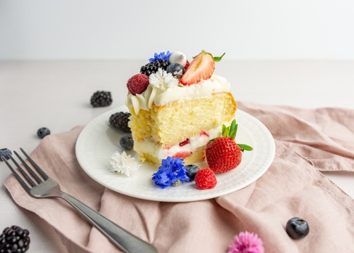 slice of mixed berry + cream chiffon cake