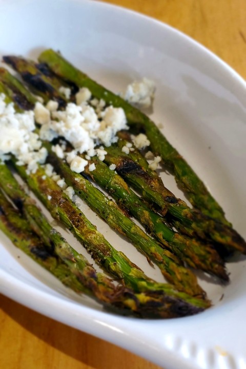 Grilled Asparagus: Blue Cheese Crumbles.
