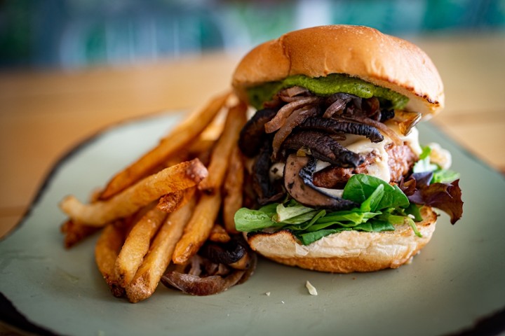 Mushroom Onion and Swiss Burger