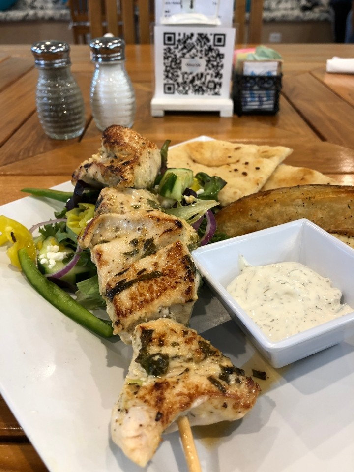 Chicken Souvlaki, Tzatziki sauce, Greek Side Salad, Roasted Potatoes