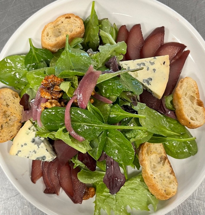 RED WINE POACHED PEARS & BLUE FOURME CHEESE SALAD