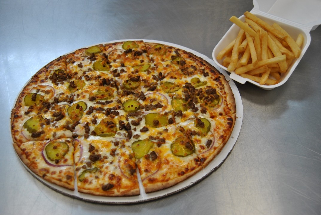 Cheeseburger Pizza with French Fries
