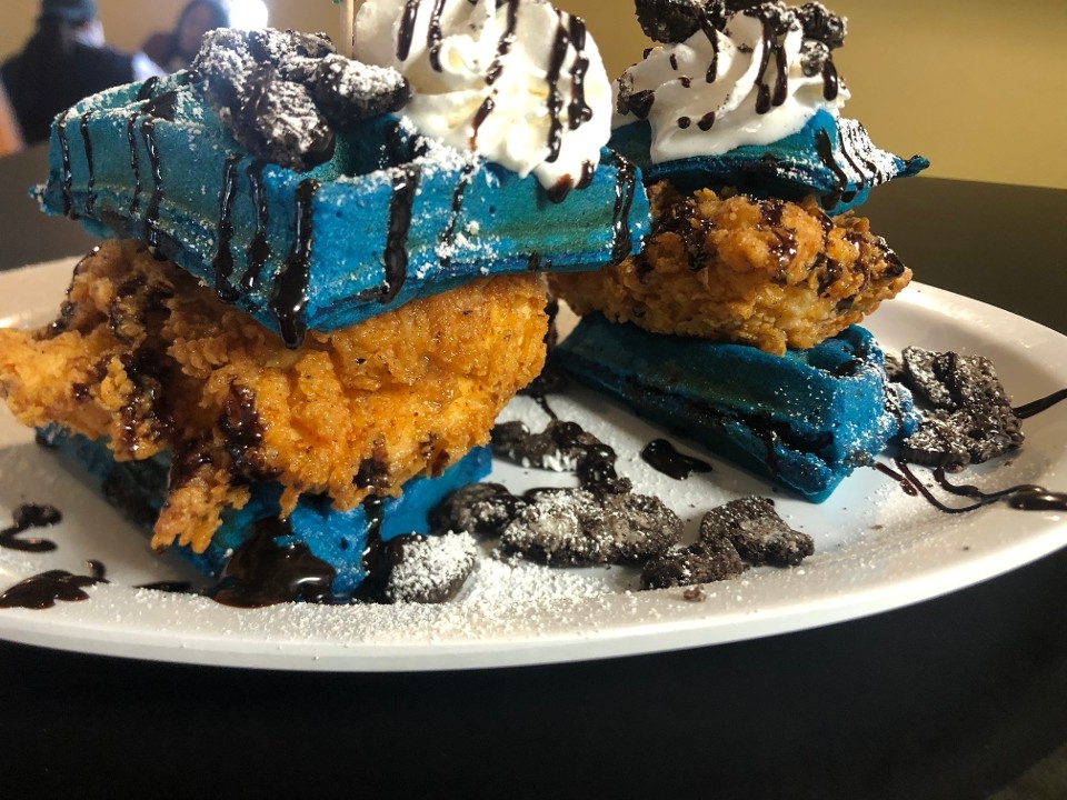 Cookie Monster Chicken & Waffles