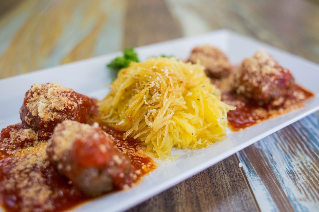 Grass Fed Bison Meatballs w/Spaghetti Squash in Marinara & Parm