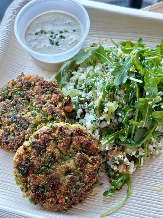 Sweet Green Pea "Falafel" with Cauliflower tabouli & tahini sauce