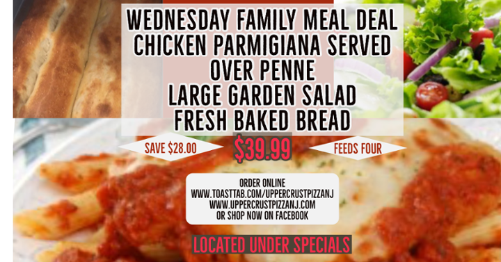 Wednesday Family Deal with Chicken Parm, Spaghetti or Penne, Large Salad and Homemade Bread