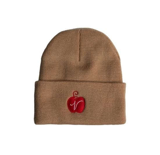 Camel Brown Beanie, fabric patch