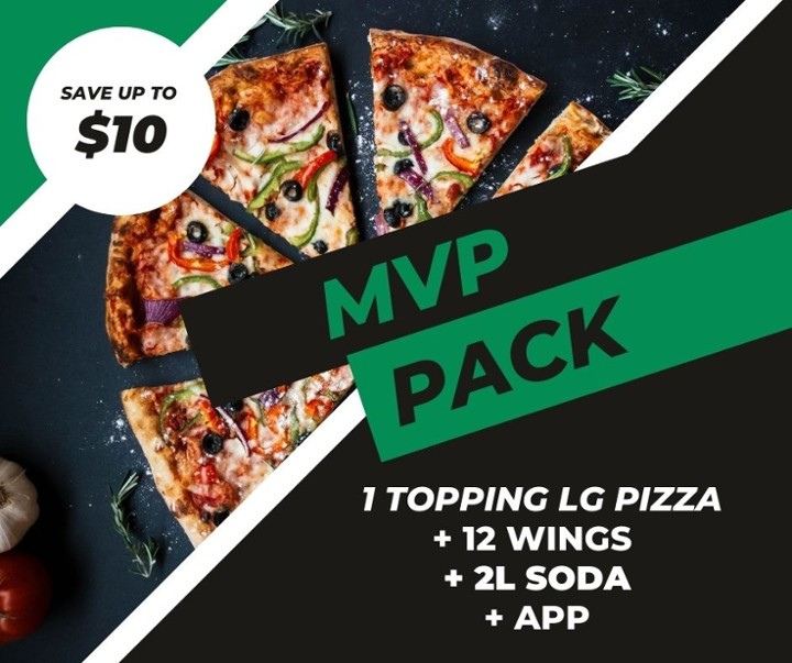 MVP PACK - 1 topping LG NYPizza + 12 Wings + Appetizer + 2L Soda (You save $13)