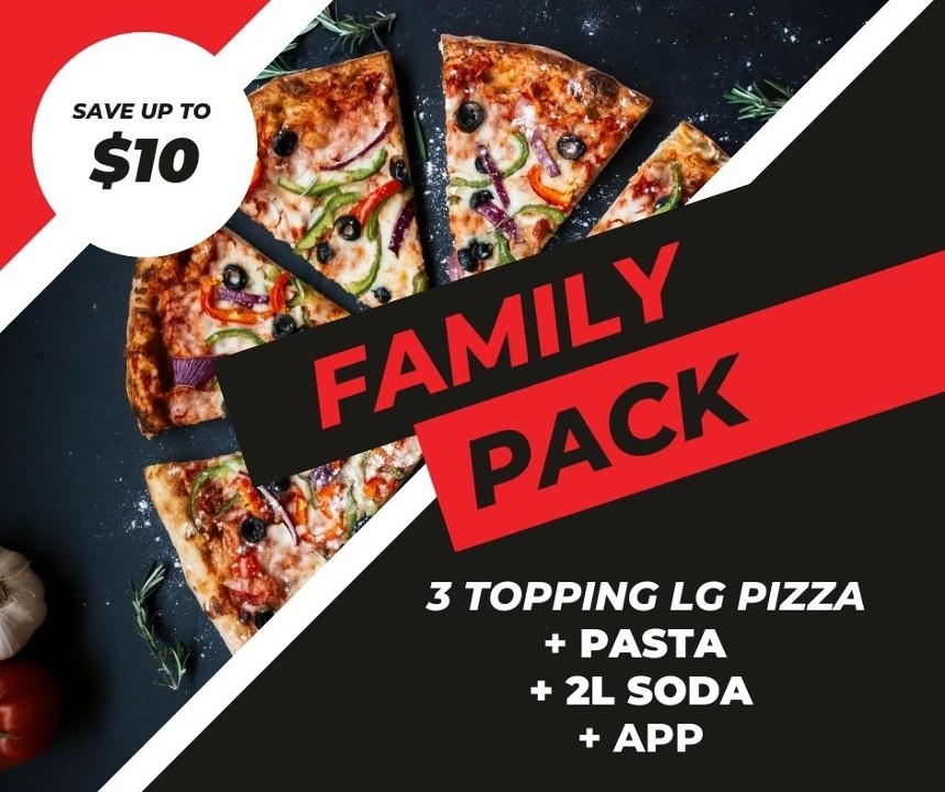 FAMILY PACK - 3 topping LG NYPizza + Pasta  + Appetizer + 2L Soda (You save $15)